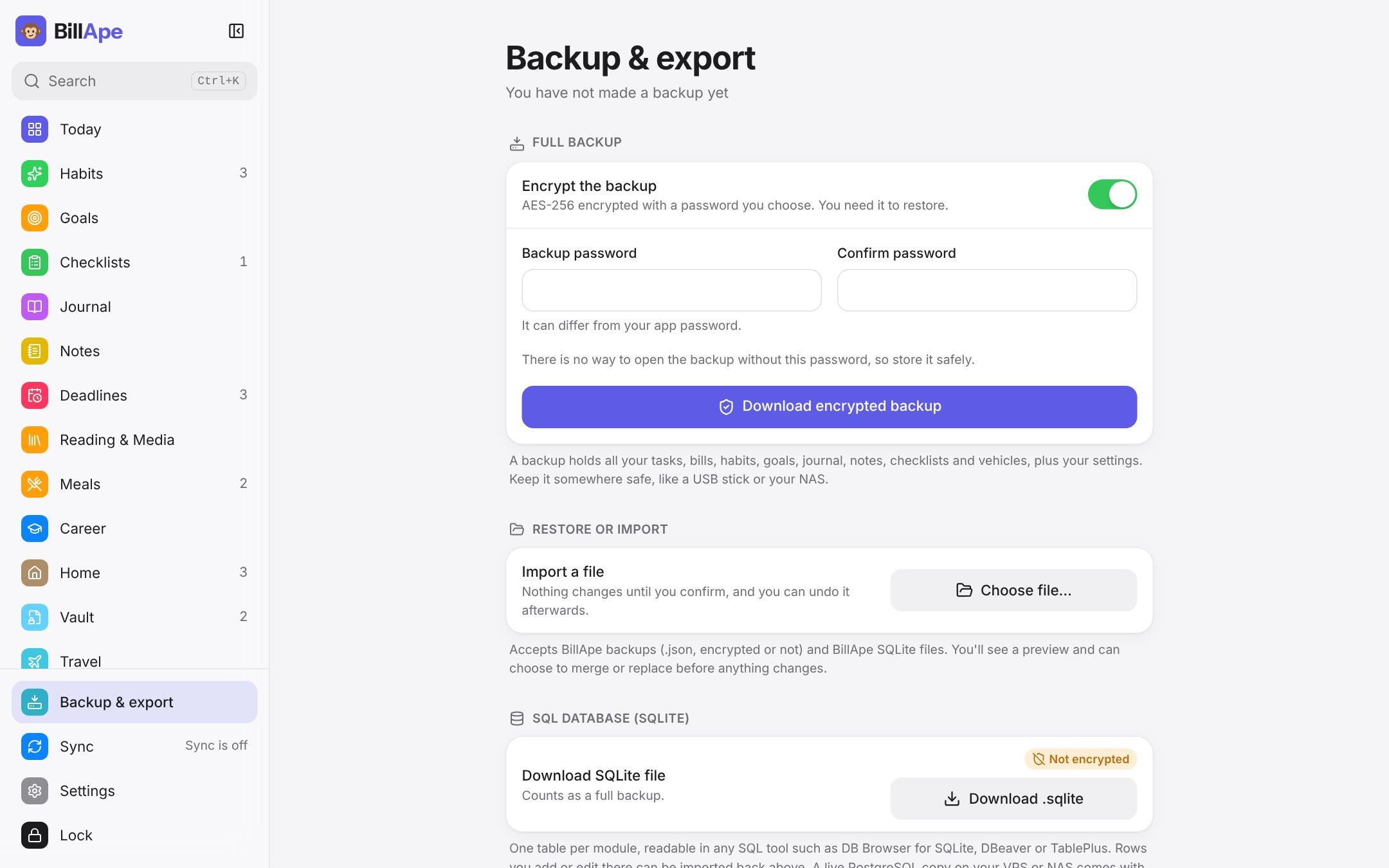Backup & export
