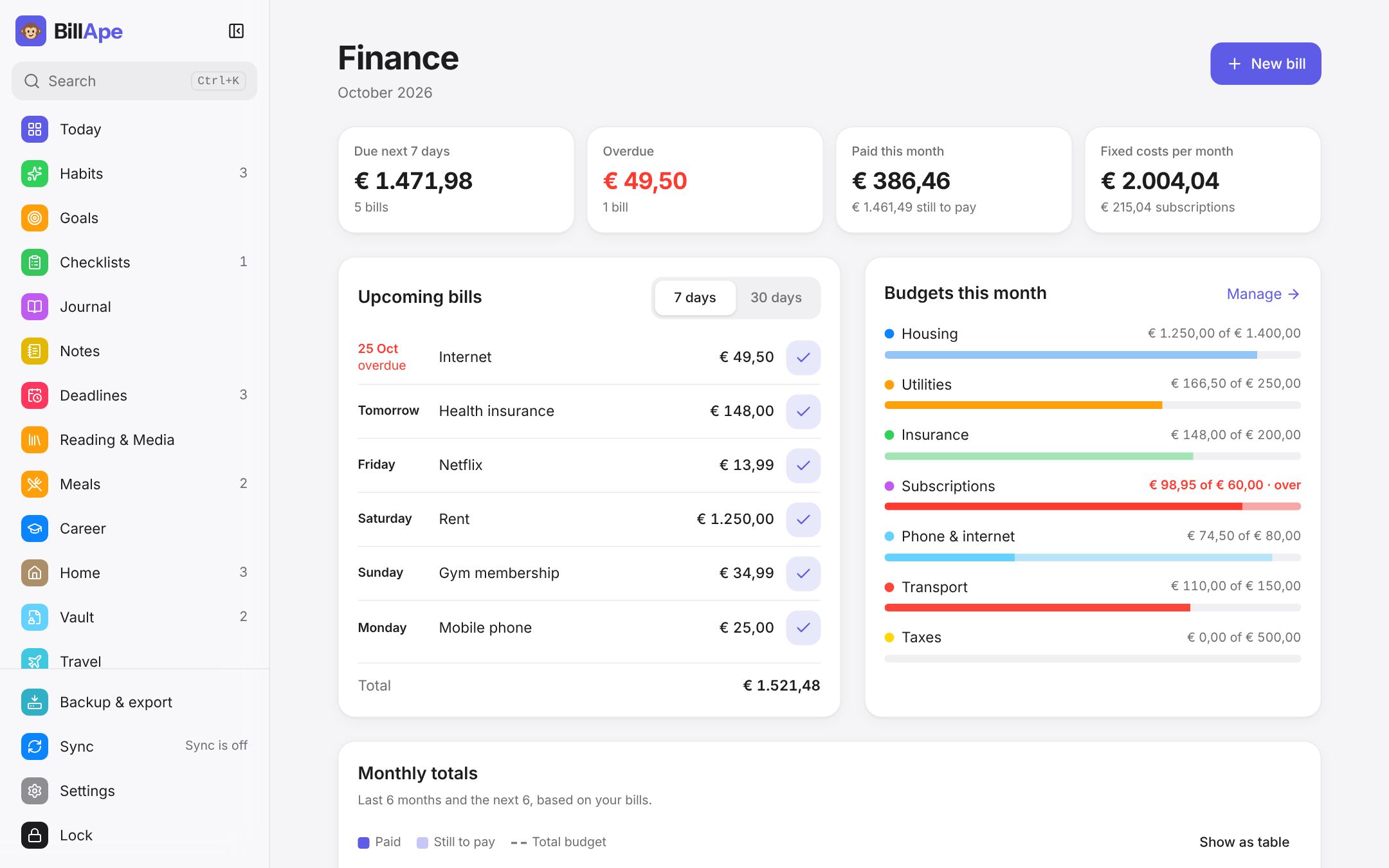 The finance overview with bills and budgets