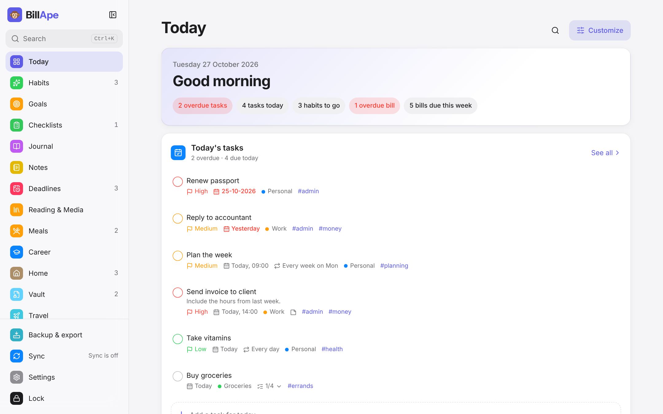The BillApe Today dashboard with tasks, habits and bills